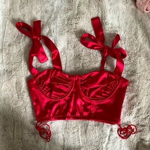 Red Satin Crop Top with Bow Straps
